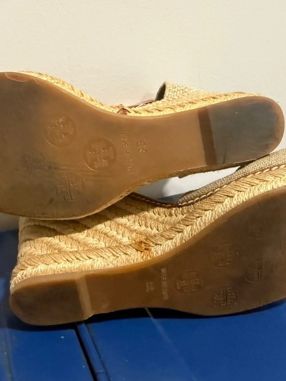 Tory Burch Knotted Linen Espadrille Wedge Sandal Gold Natural 8B Ankle Strap